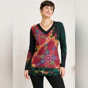 Desigual T-shirt Top Long Sleeves Tie Side Pink Green Rhinestones Boho Art LRG